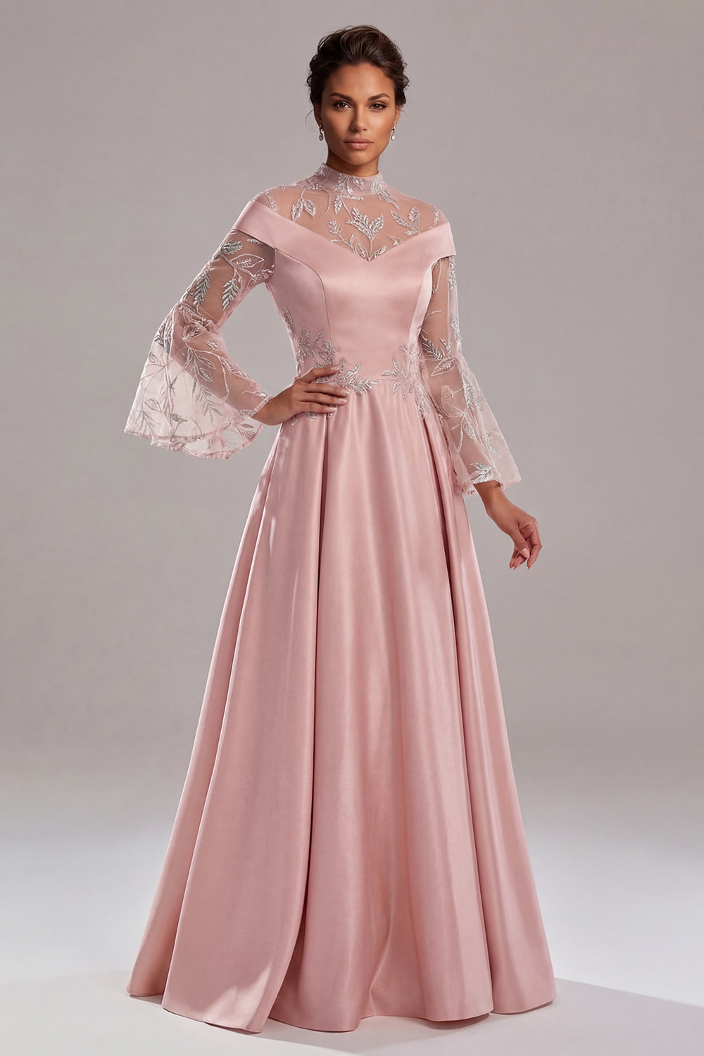 Appliqued Pink Long Sleeve A Line Mother Of Bride Dress