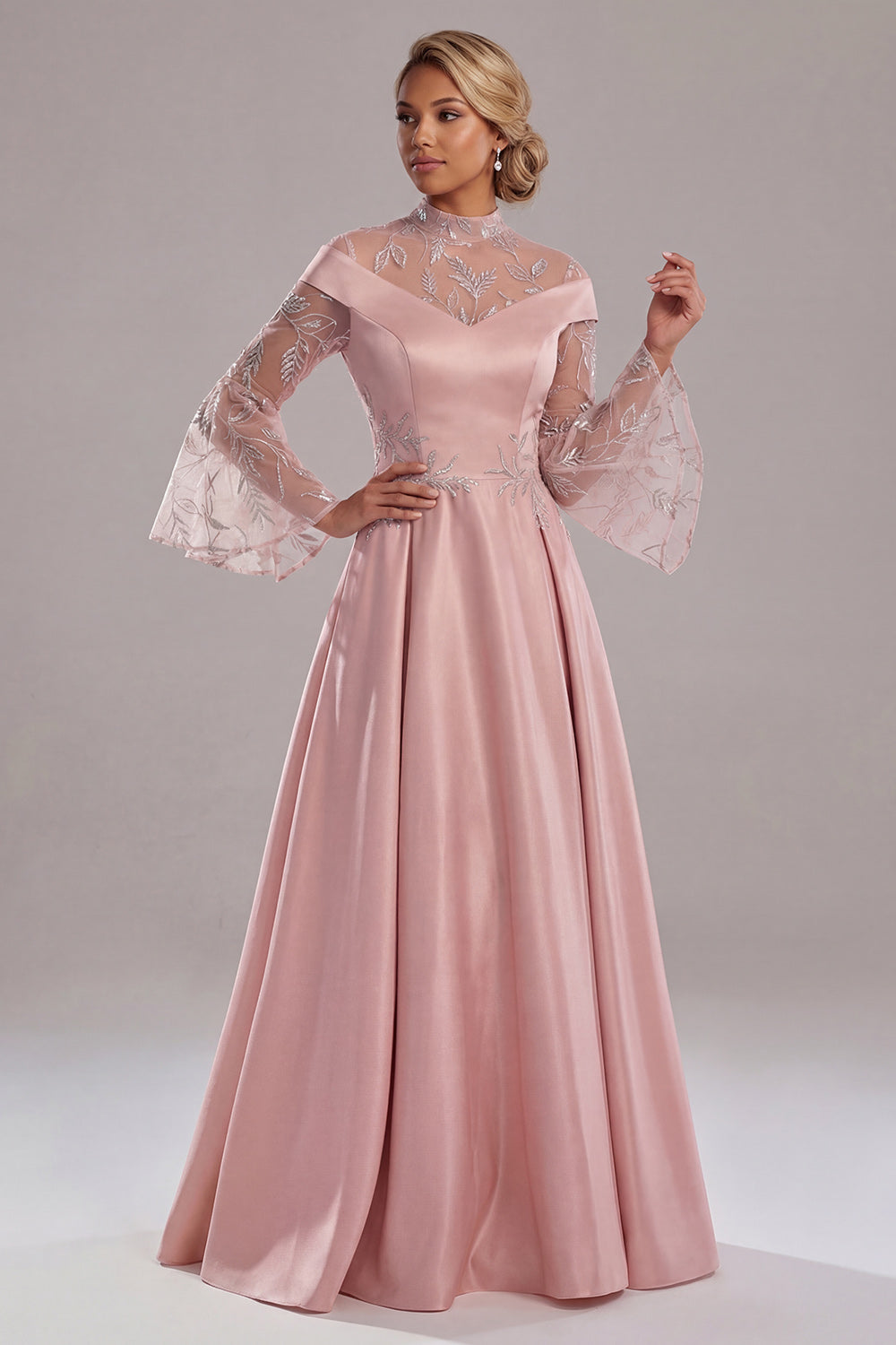Appliqued Pink Long Sleeve A Line Mother Of Bride Dress