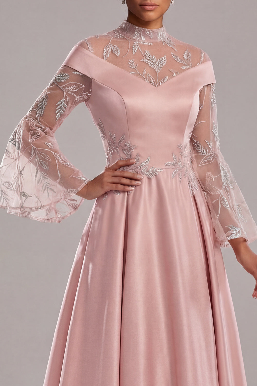 Appliqued Pink Long Sleeve A Line Mother Of Bride Dress