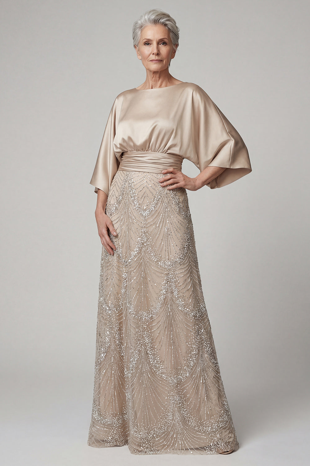 Sparkly Boat Neck A-Line Champagne Beaded Long Mother of the Bride Dress
