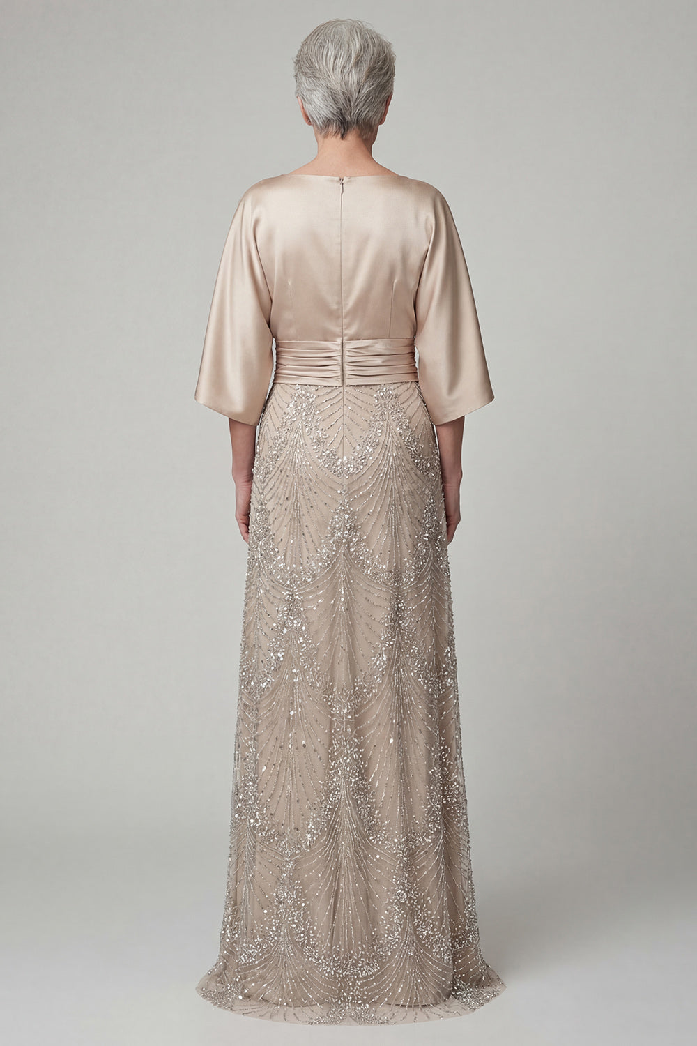 Sparkly Boat Neck A-Line Champagne Beaded Long Mother of the Bride Dress
