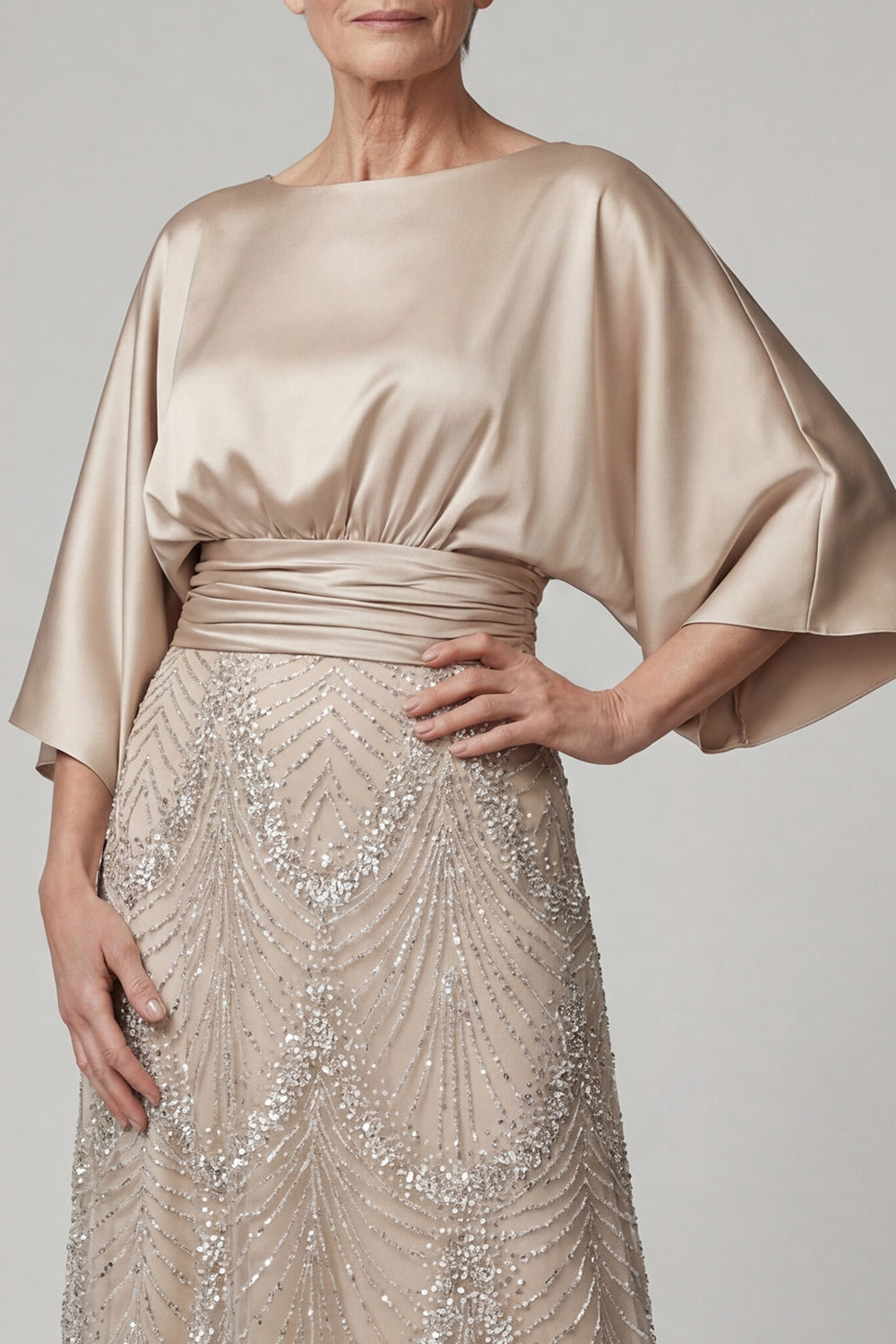 Sparkly Boat Neck A-Line Champagne Beaded Long Mother of the Bride Dress