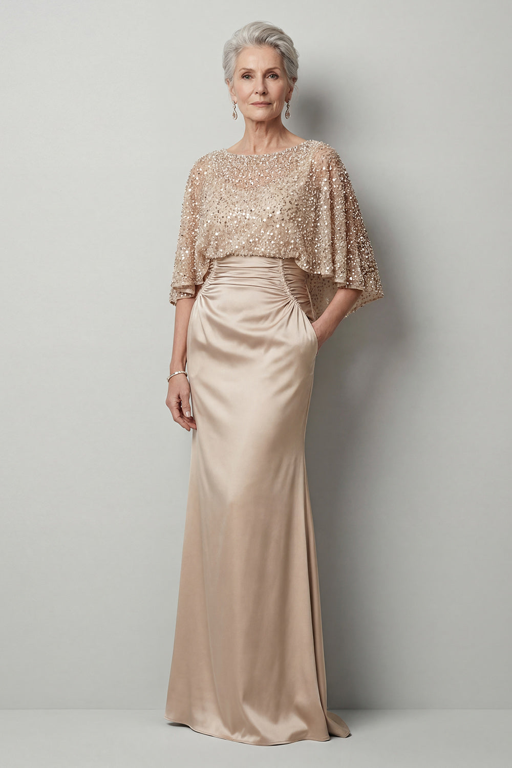 Sparkly Sequin Champagne Long Mermaid Mother of the Bride Dress with Pockets