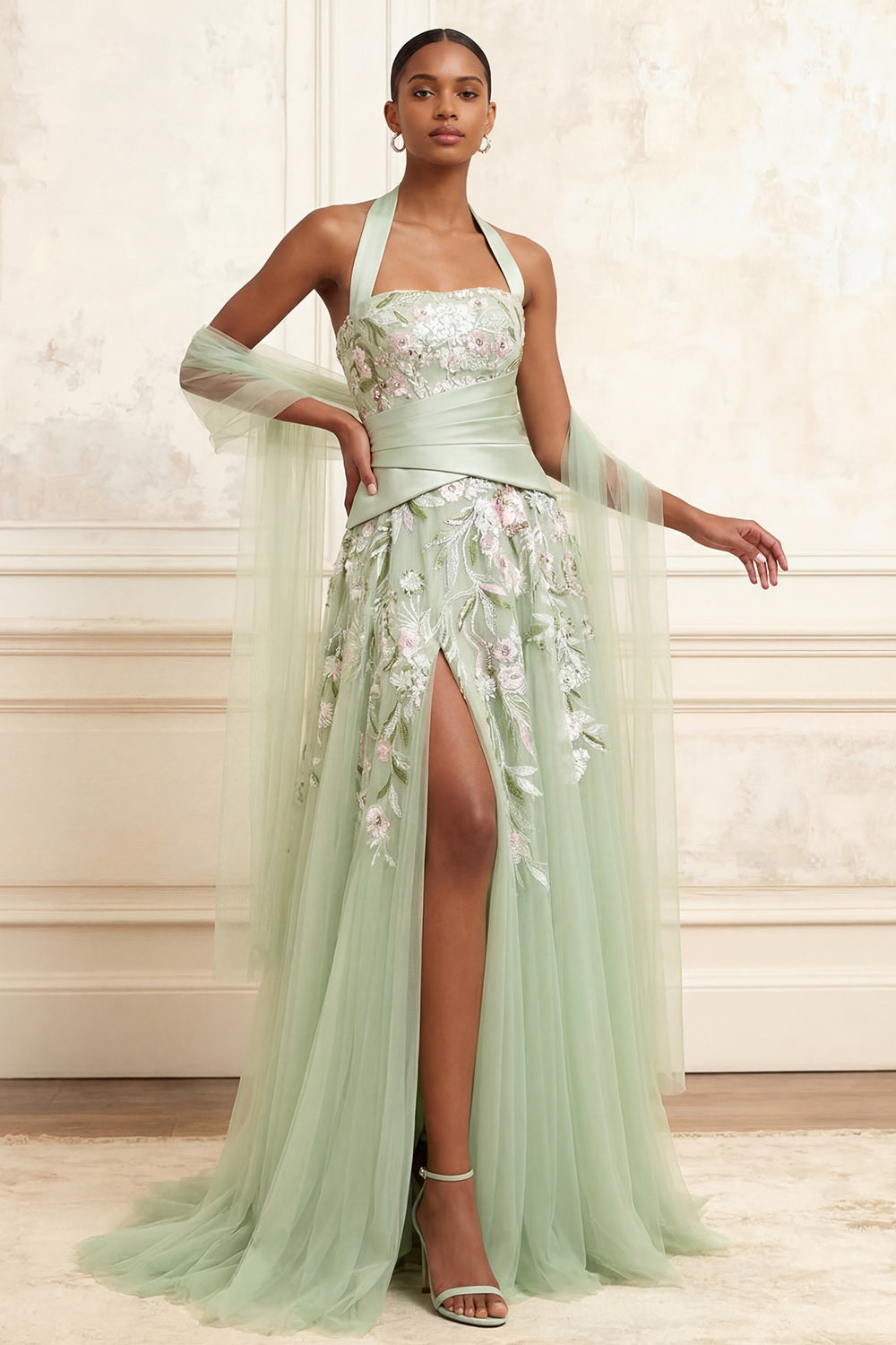 Dusty Sage A-Line Halter Neck Tulle Floral Embroidered Long Prom Dress with Slit