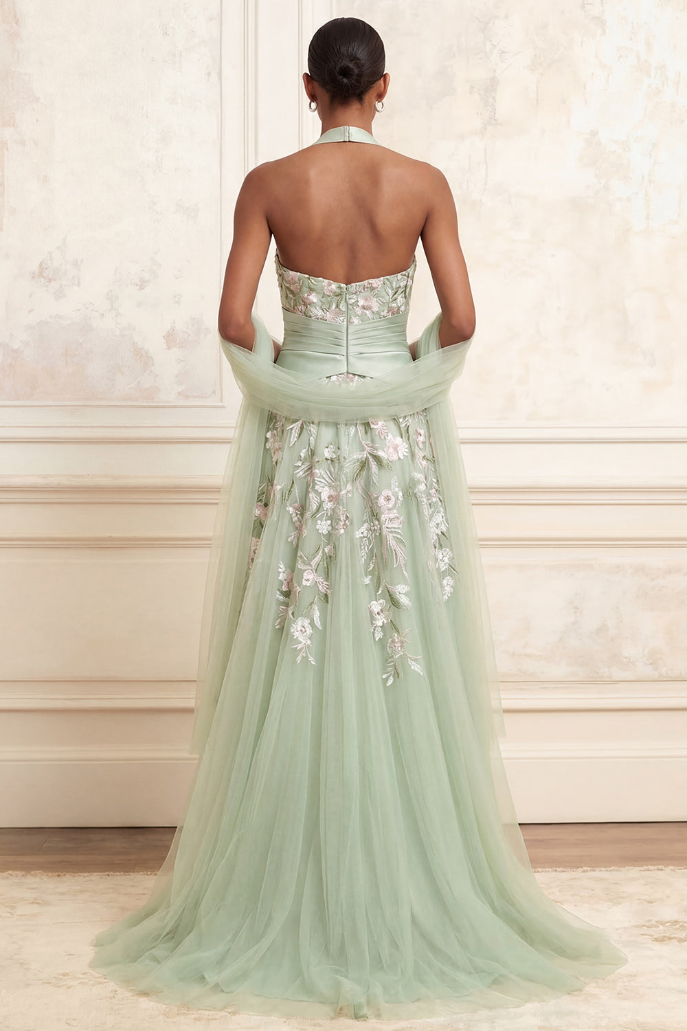 Dusty Sage A-Line Halter Neck Tulle Floral Embroidered Long Prom Dress with Slit