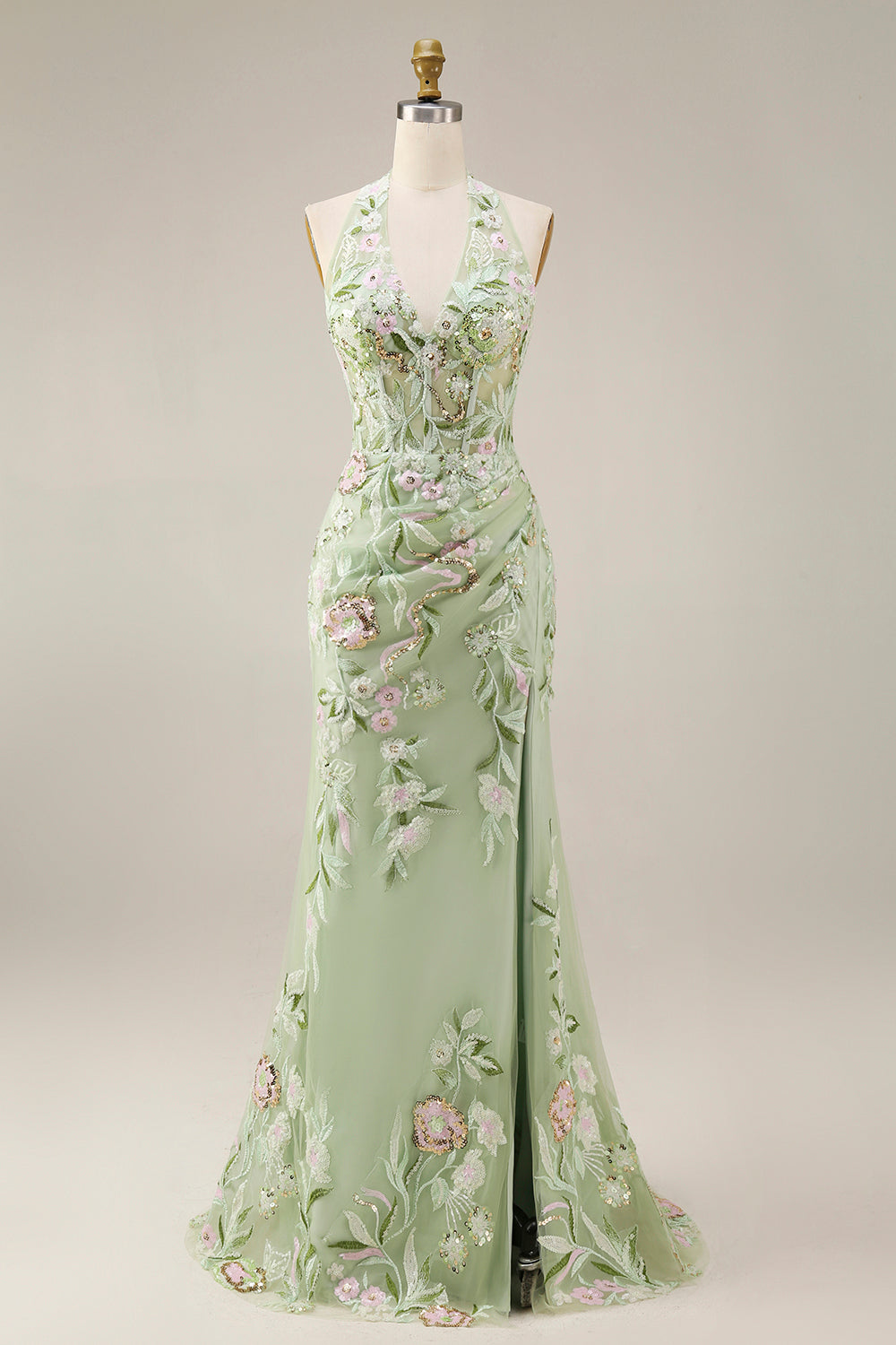 Robe de bal longue fourreau brodée Dusty Sage avec corsage transparent licou et fente