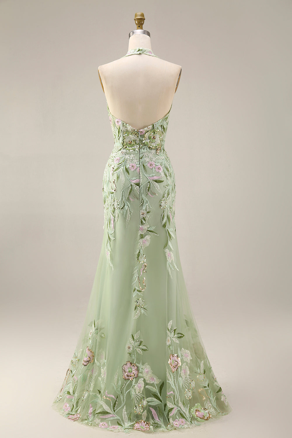 Robe de bal longue fourreau brodée Dusty Sage avec corsage transparent licou et fente