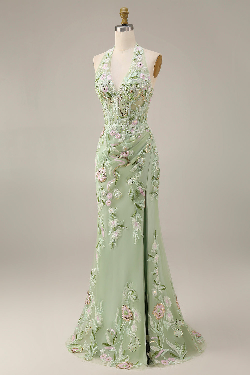 Robe de bal longue fourreau brodée Dusty Sage avec corsage transparent licou et fente