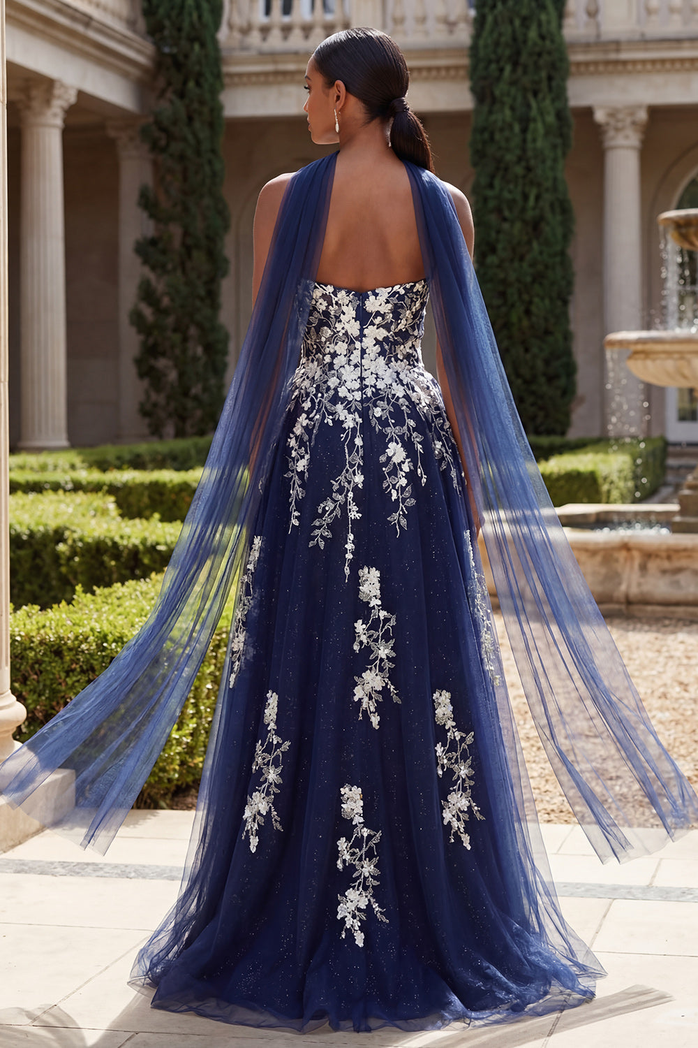 Glitter Navy A-Line Sweetheart Side Slit Long Tulle Prom Dress with a Neck Scarf