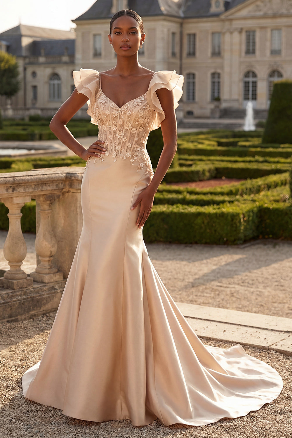 Robe de bal longue sirène corset satinée décolleté en V à fleurs 3D