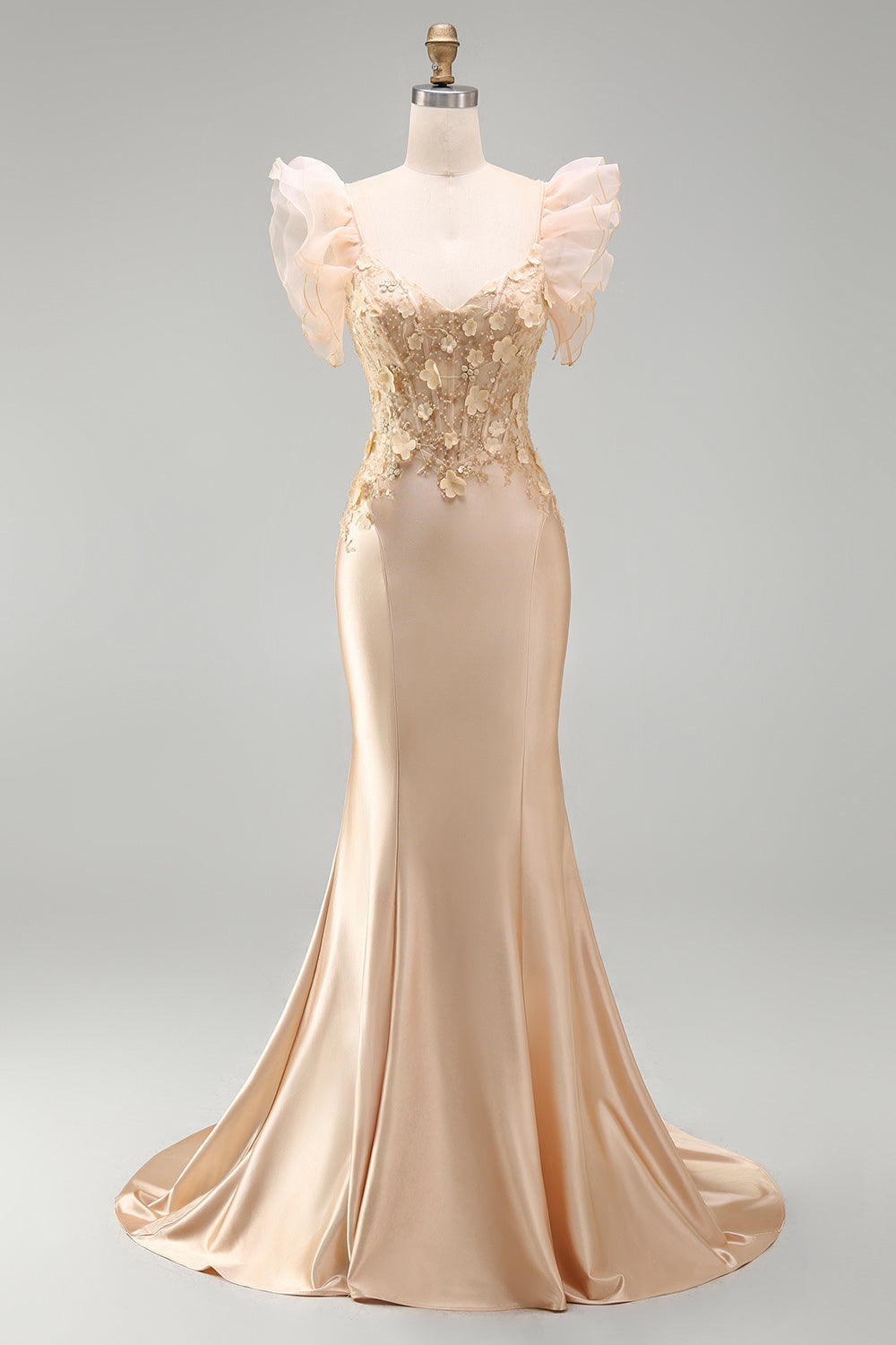 Robe de bal longue sirène corset satinée décolleté en V à fleurs 3D
