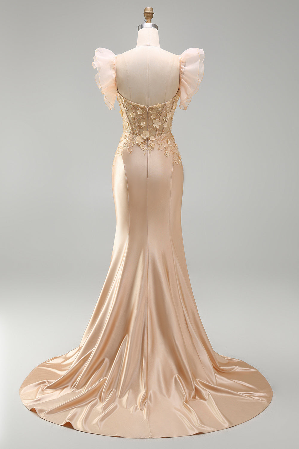 Robe de bal longue sirène corset satinée décolleté en V à fleurs 3D