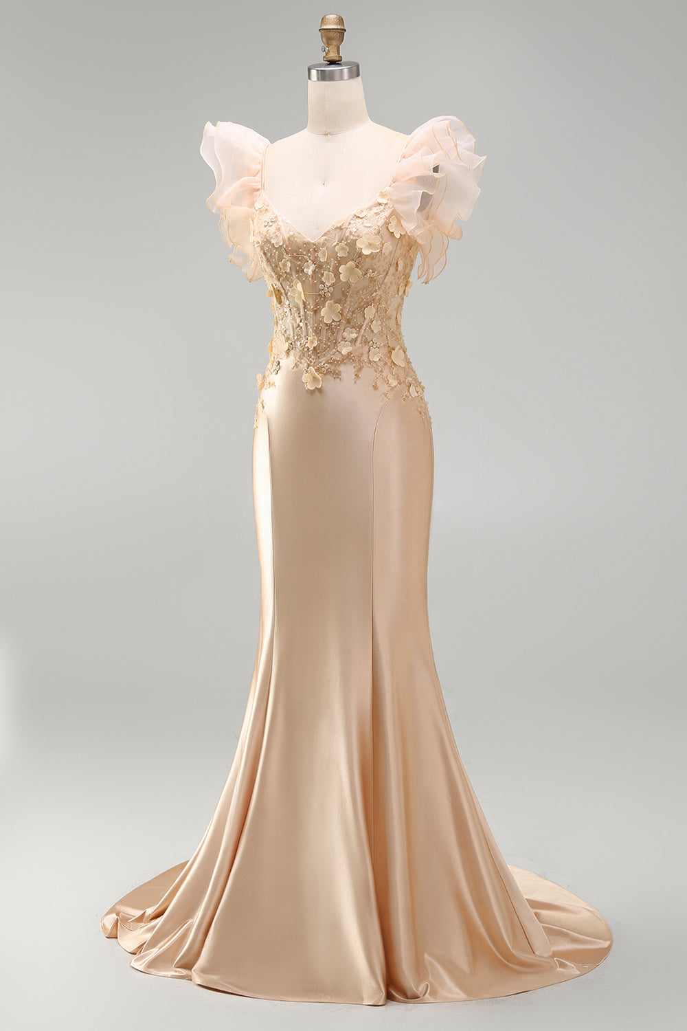Robe de bal longue sirène corset satinée décolleté en V à fleurs 3D