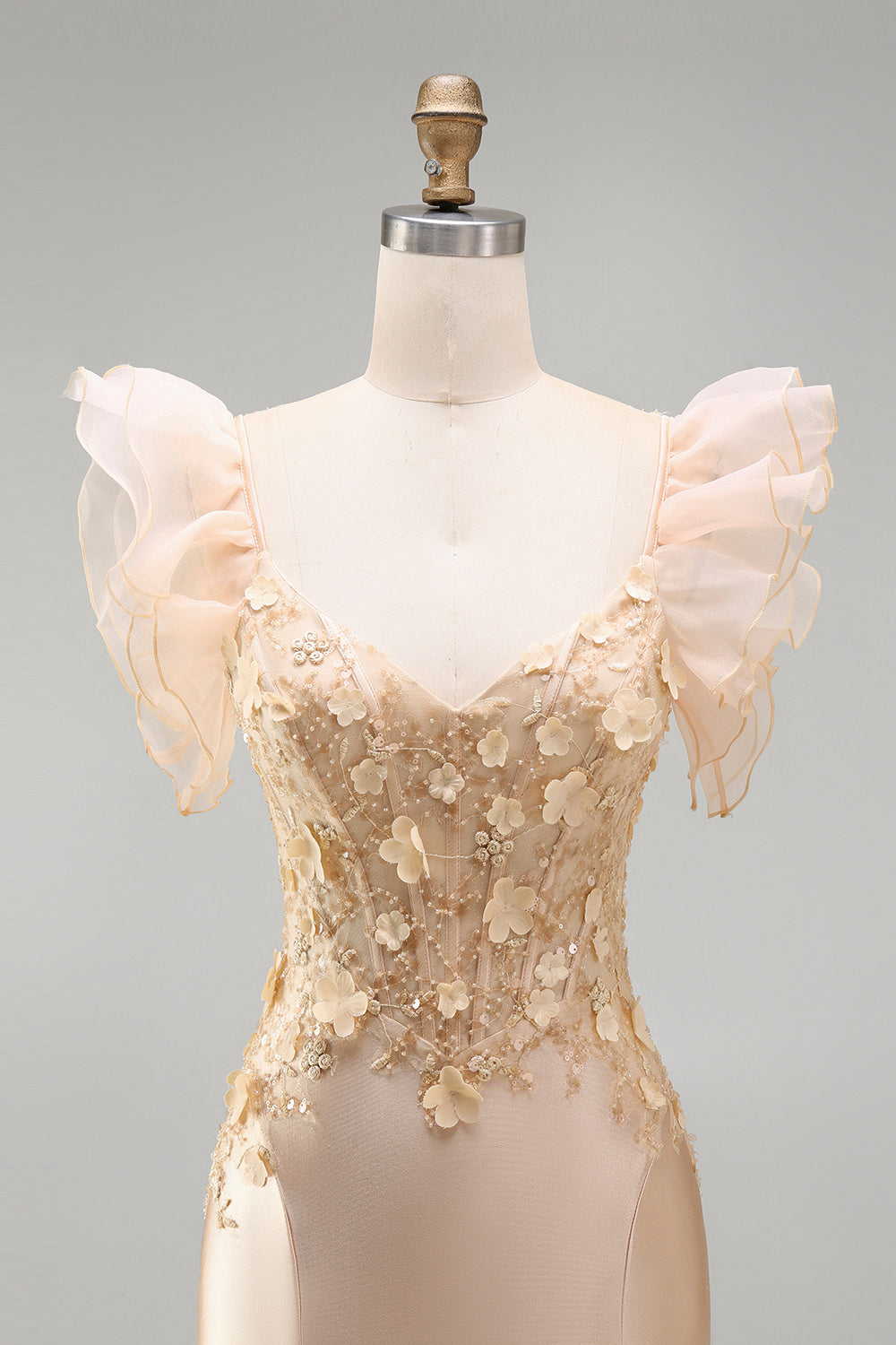 Robe de bal longue sirène corset satinée décolleté en V à fleurs 3D