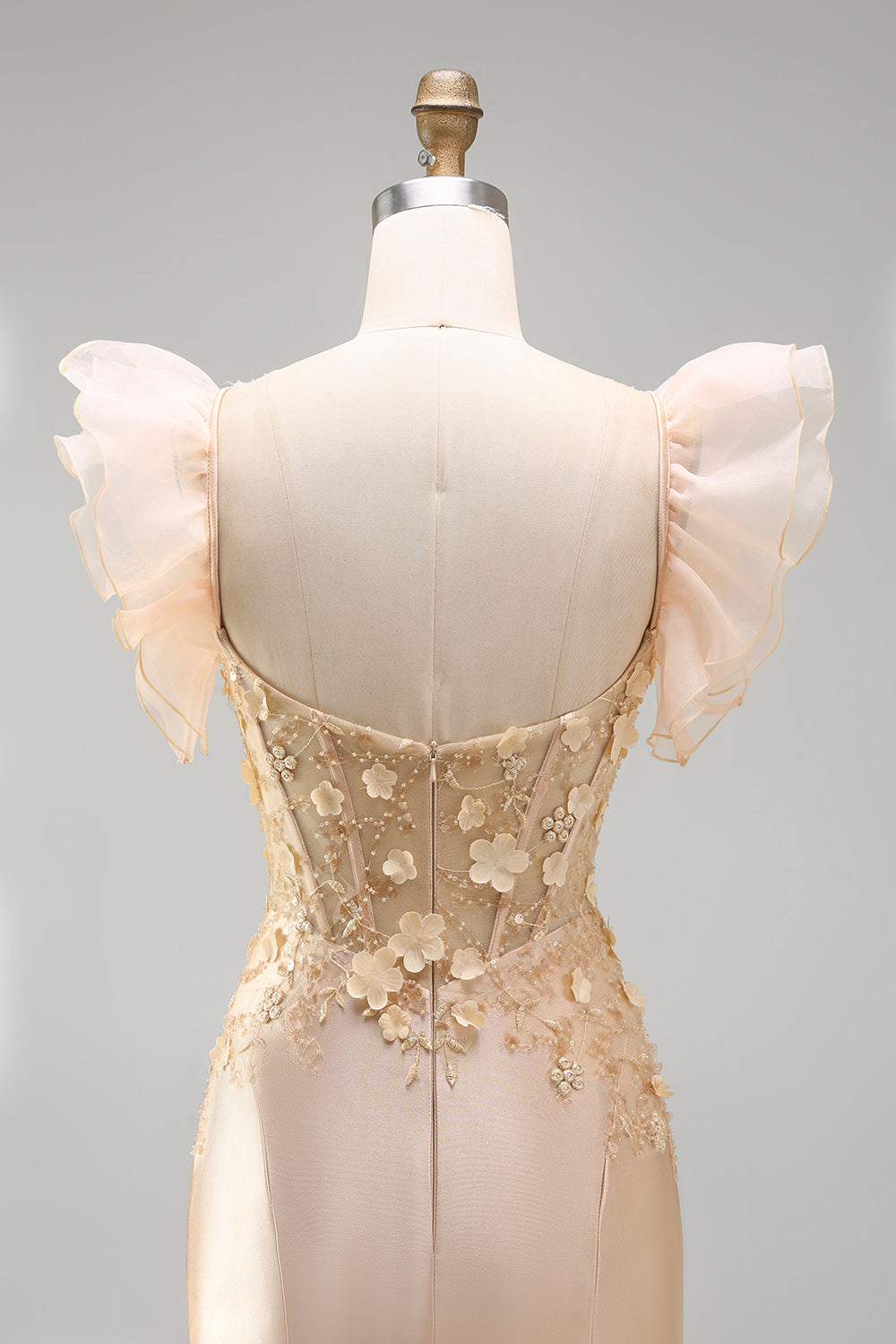 Robe de bal longue sirène corset satinée décolleté en V à fleurs 3D