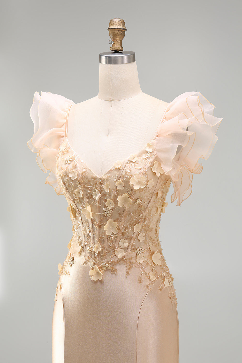 Robe de bal longue sirène corset satinée décolleté en V à fleurs 3D