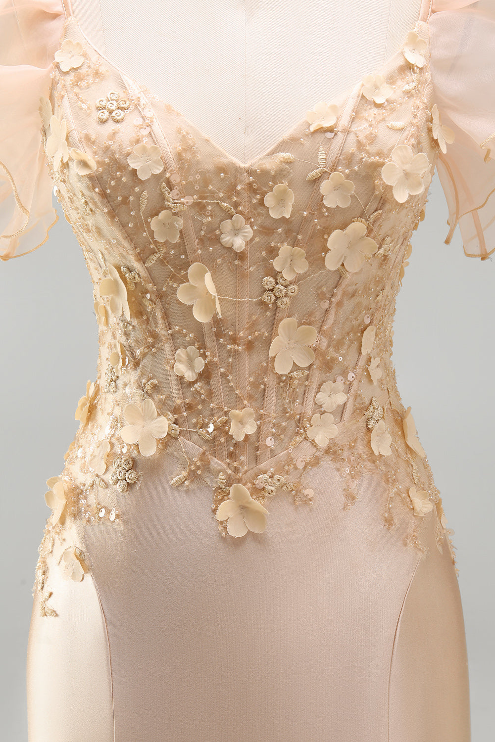 Robe de bal longue sirène corset satinée décolleté en V à fleurs 3D