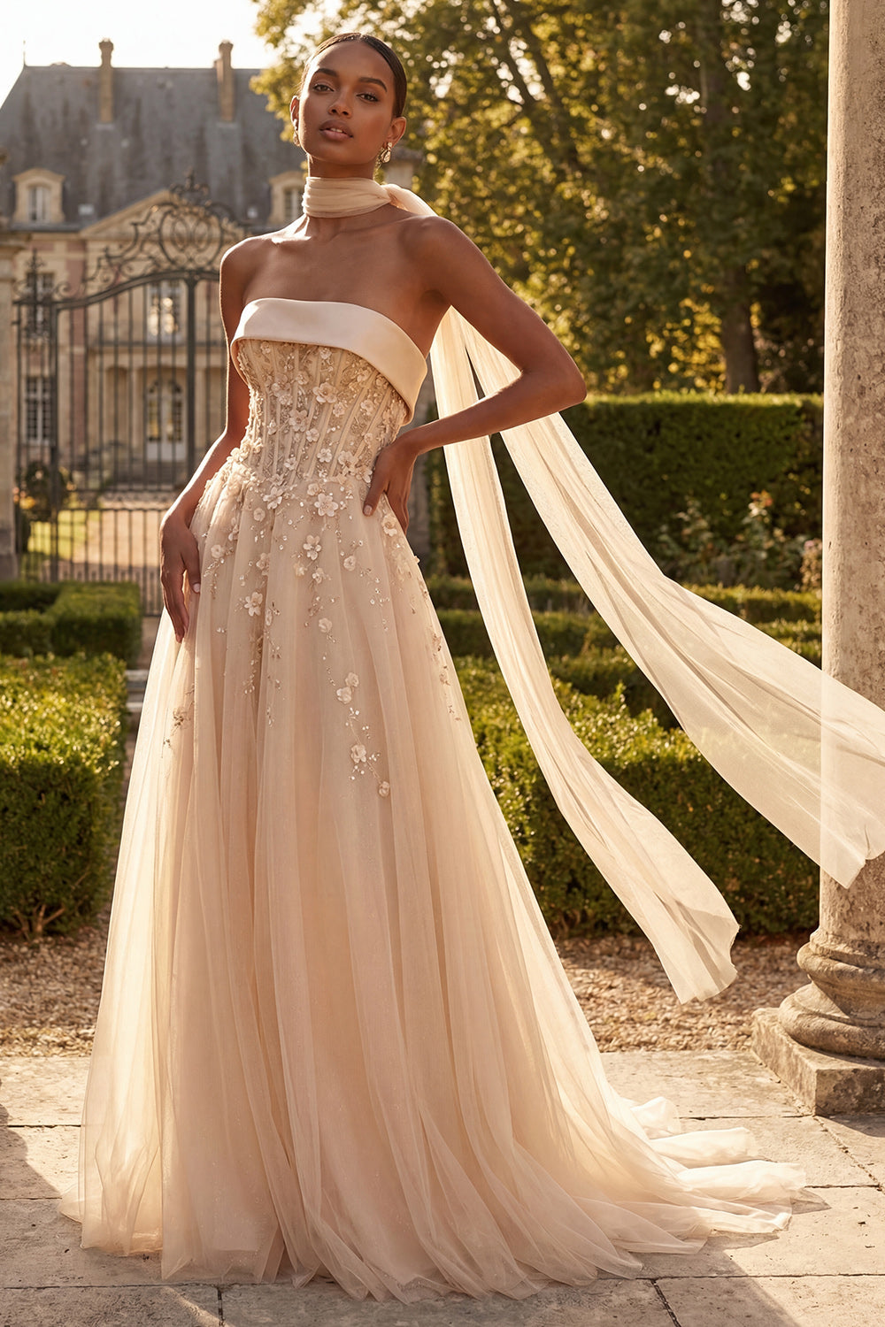 Strapless Blush Corset A Line 3D Flowers Long Tulle Prom Dress with a Neck Scarf