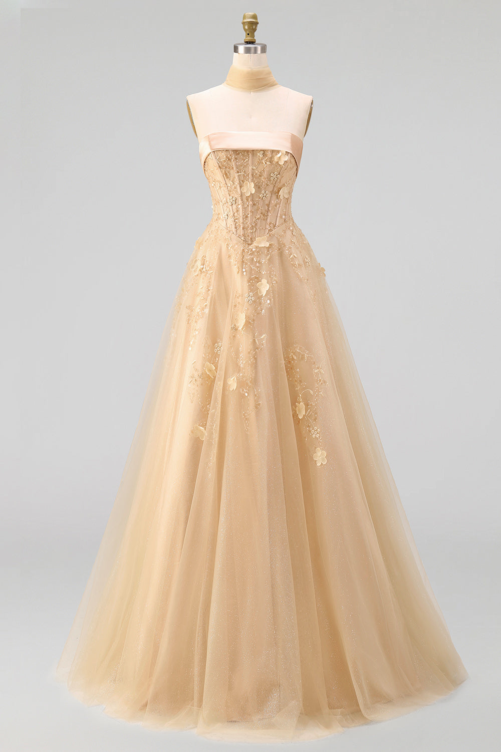 Strapless Blush Corset A Line 3D Flowers Long Tulle Prom Dress with a Neck Scarf