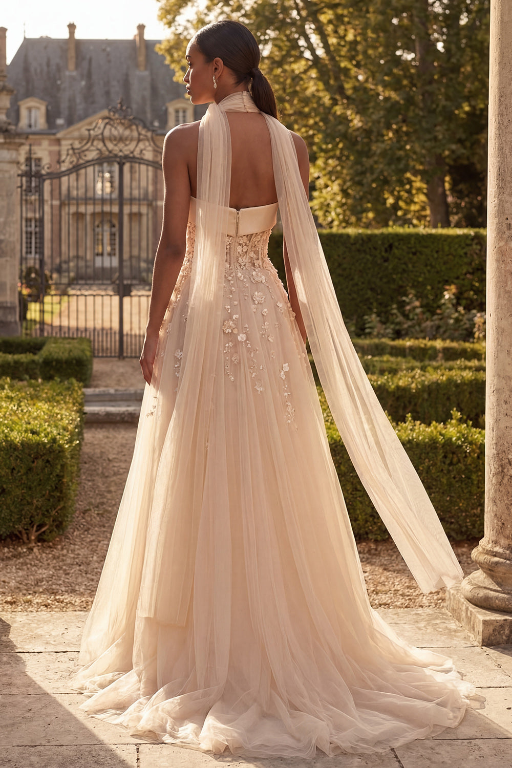 Strapless Blush Corset A Line 3D Flowers Long Tulle Prom Dress with a Neck Scarf