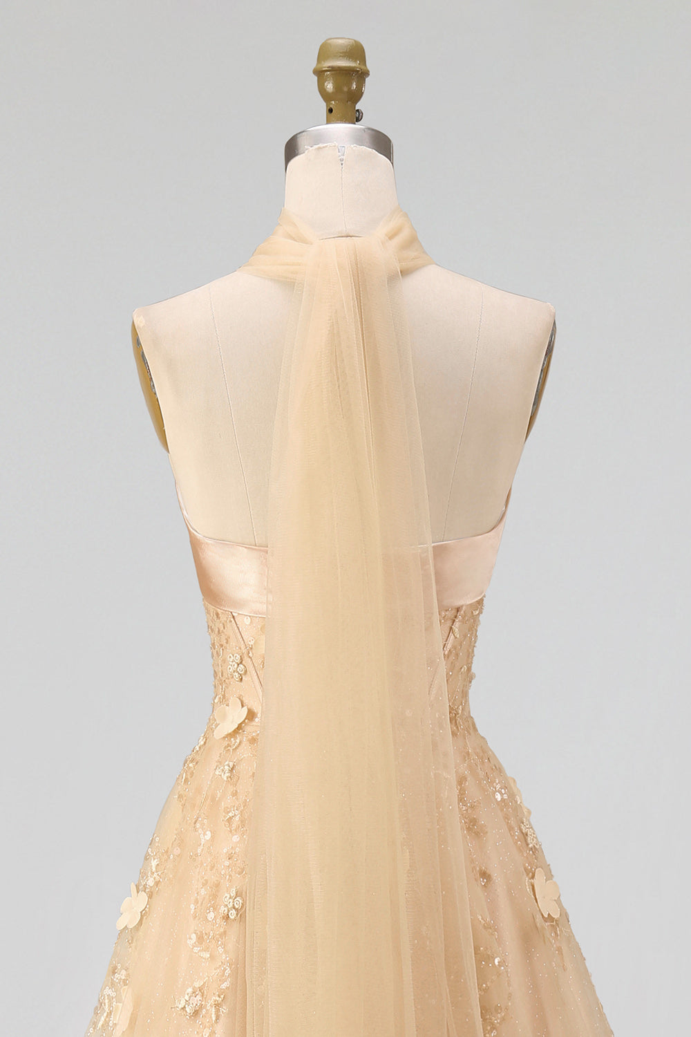 Strapless Blush Corset A Line 3D Flowers Long Tulle Prom Dress with a Neck Scarf