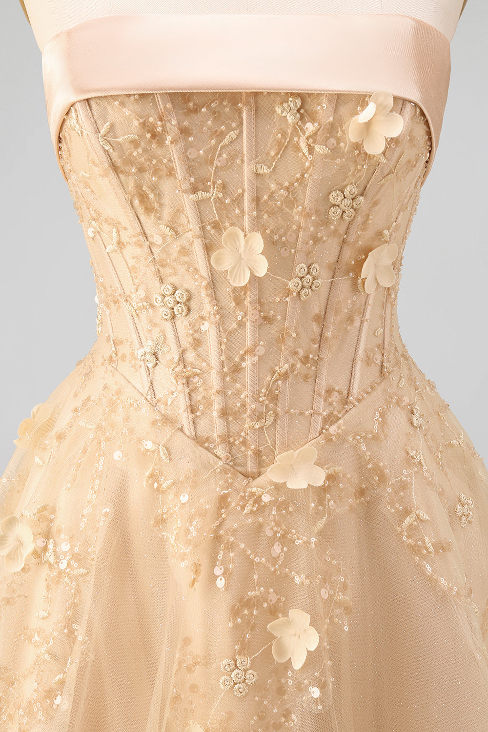 Strapless Blush Corset A Line 3D Flowers Long Tulle Prom Dress with a Neck Scarf