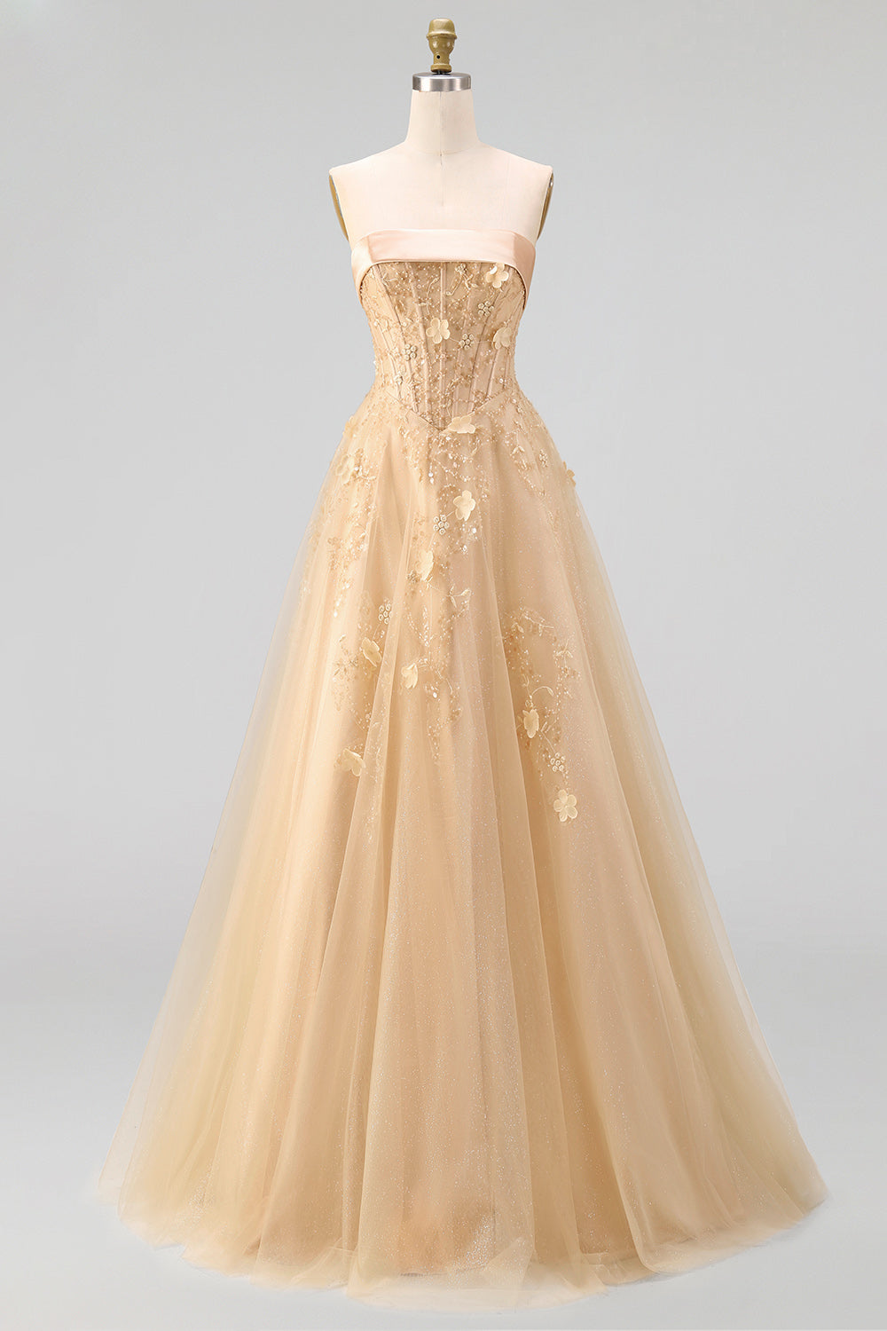 Strapless Blush Corset A Line 3D Flowers Long Tulle Prom Dress with a Neck Scarf