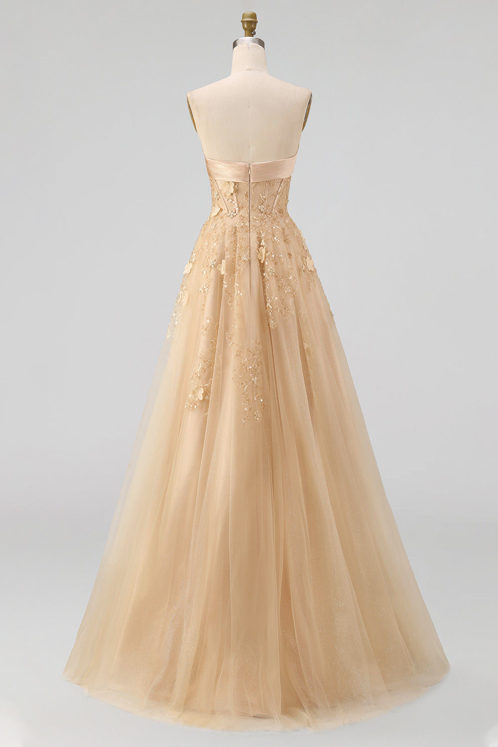 Strapless Blush Corset A Line 3D Flowers Long Tulle Prom Dress with a Neck Scarf