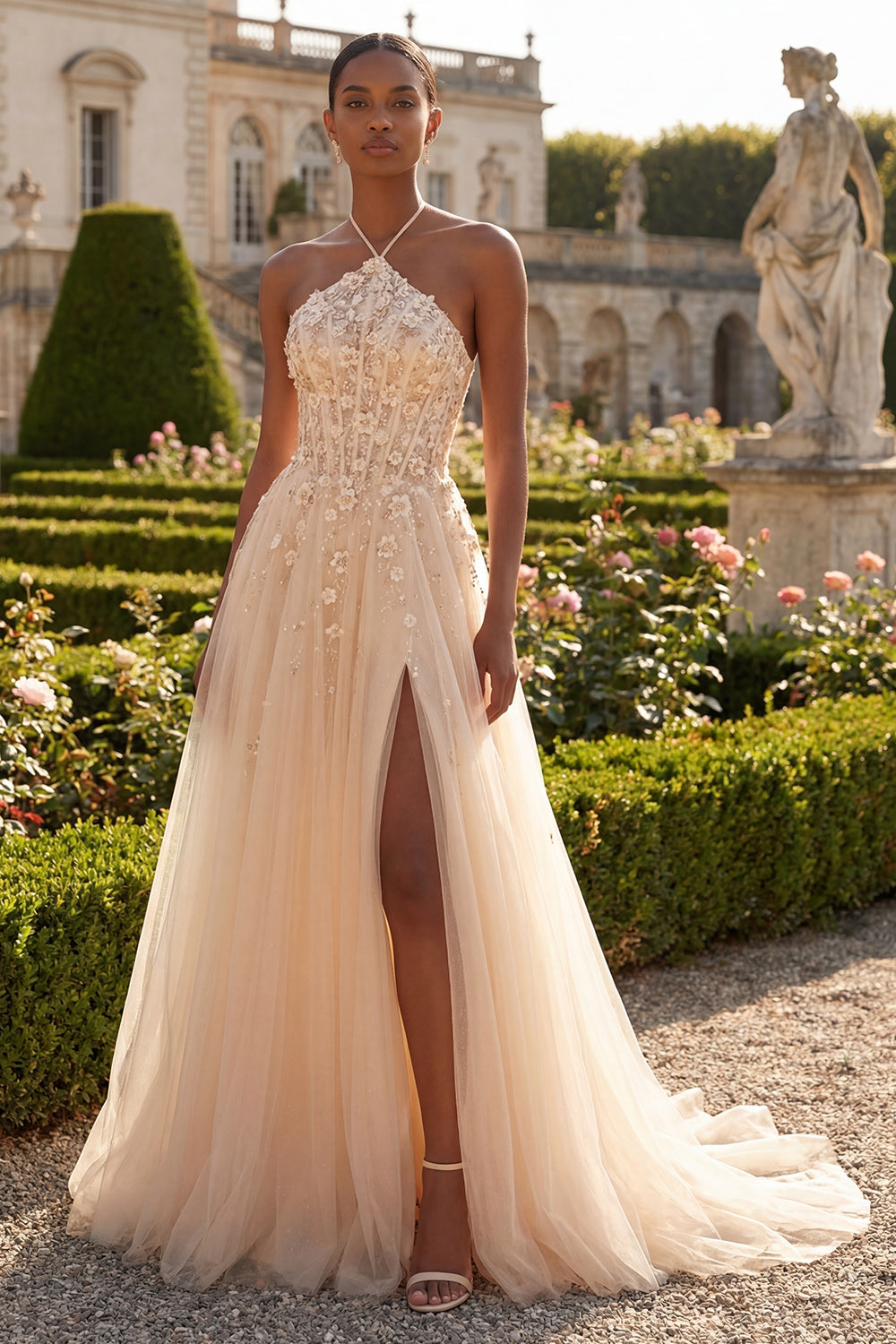 Robe De Soirée Longue Asymétrique En Tulle Corset Sans Manches Fleur 3D Coupe Droite Avec Fente