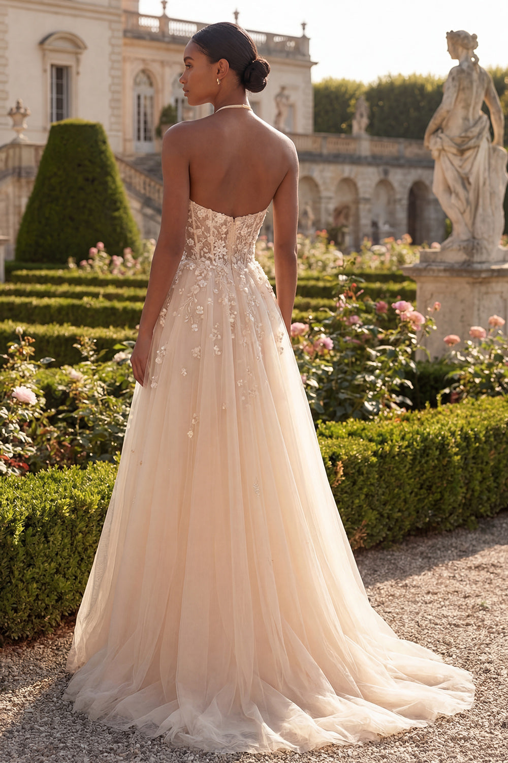 Robe De Soirée Longue Asymétrique En Tulle Corset Sans Manches Fleur 3D Coupe Droite Avec Fente