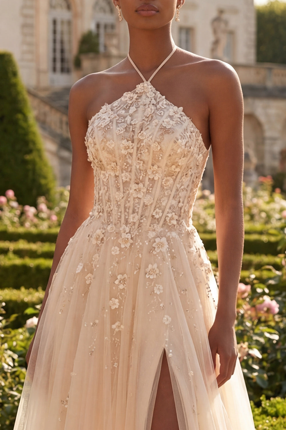 Robe De Soirée Longue Asymétrique En Tulle Corset Sans Manches Fleur 3D Coupe Droite Avec Fente