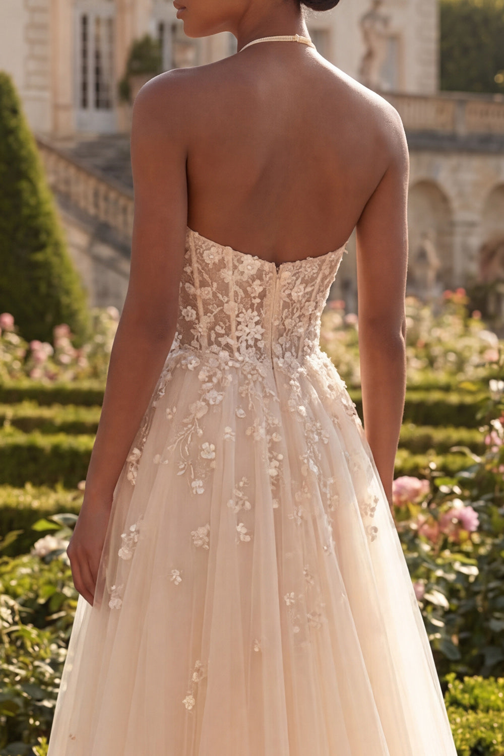 Robe De Soirée Longue Asymétrique En Tulle Corset Sans Manches Fleur 3D Coupe Droite Avec Fente