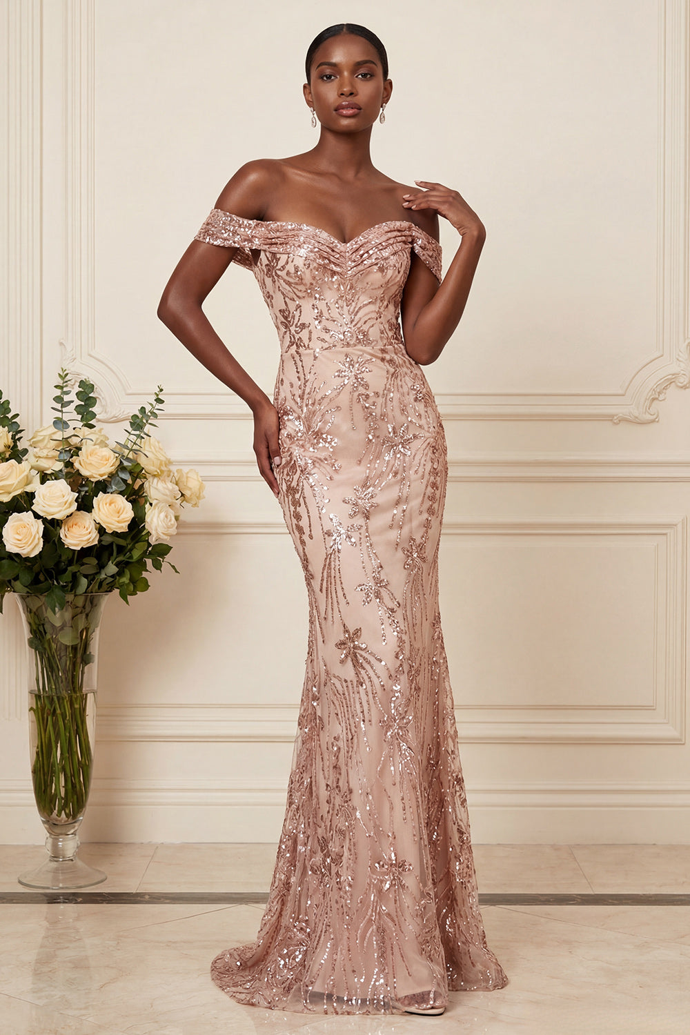 Robe de bal longue ruchée à paillettes sirène scintillante et épaules dénudées