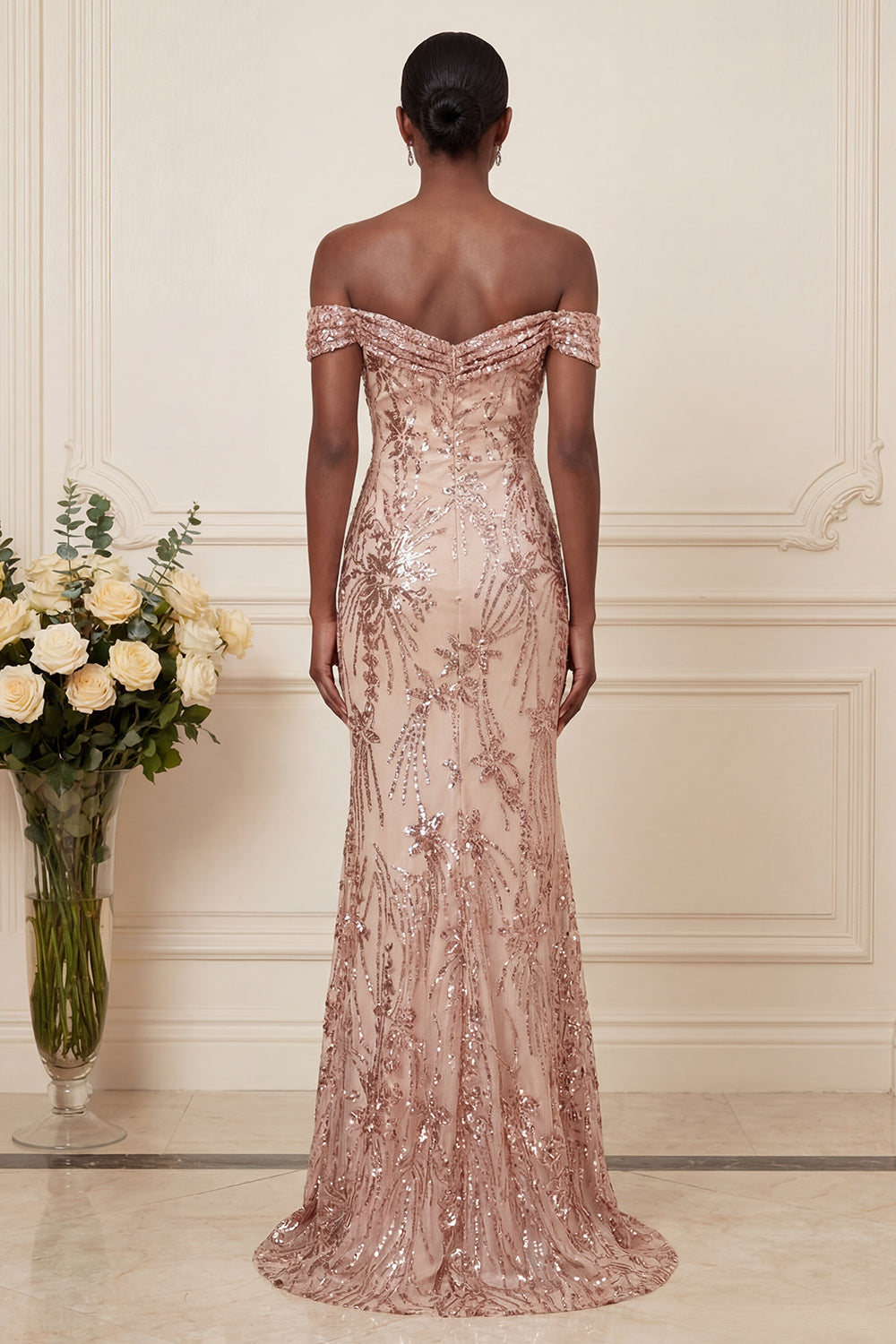 Robe de bal longue ruchée à paillettes sirène scintillante et épaules dénudées
