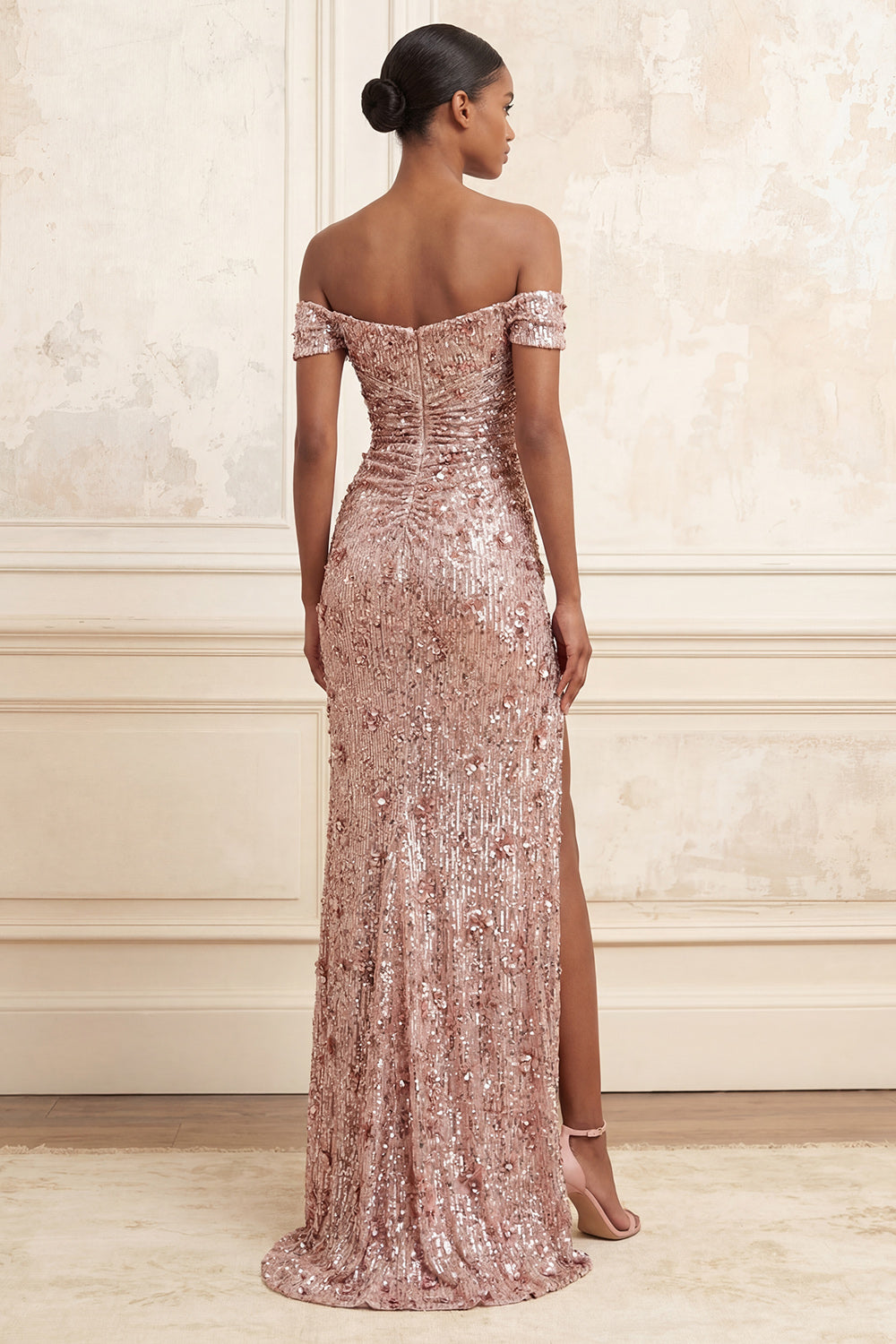 Sparkly Blush Off-the-Shoulder Mermaid Sequined Ruched Long Prom Dress with Slit