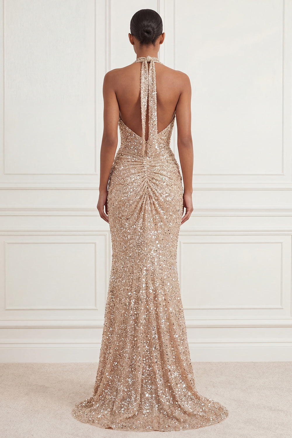 Sparkly Mermaid Champagne Halter Neck Ruched Sequins Long Prom Dress with Slit