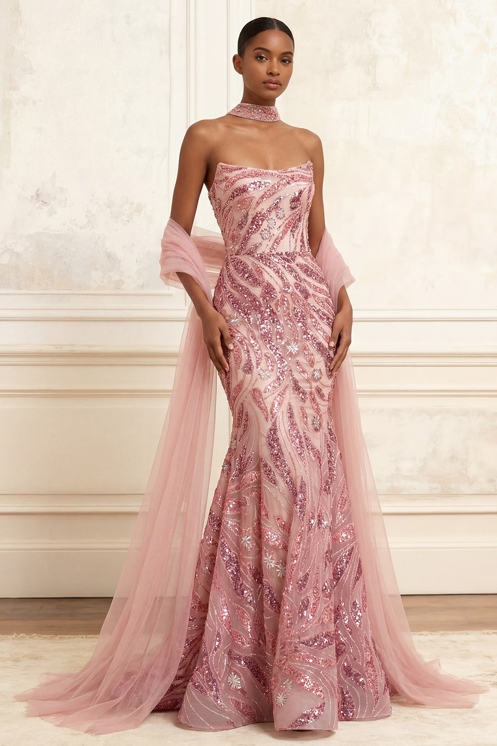 Sparkly Pink Mermaid Strapless Sequin Long Prom Dress with Cape