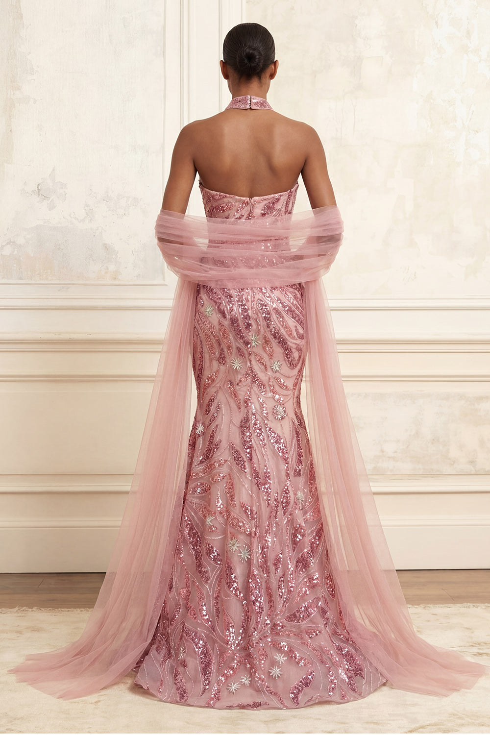Sparkly Pink Mermaid Strapless Sequin Long Prom Dress with Cape