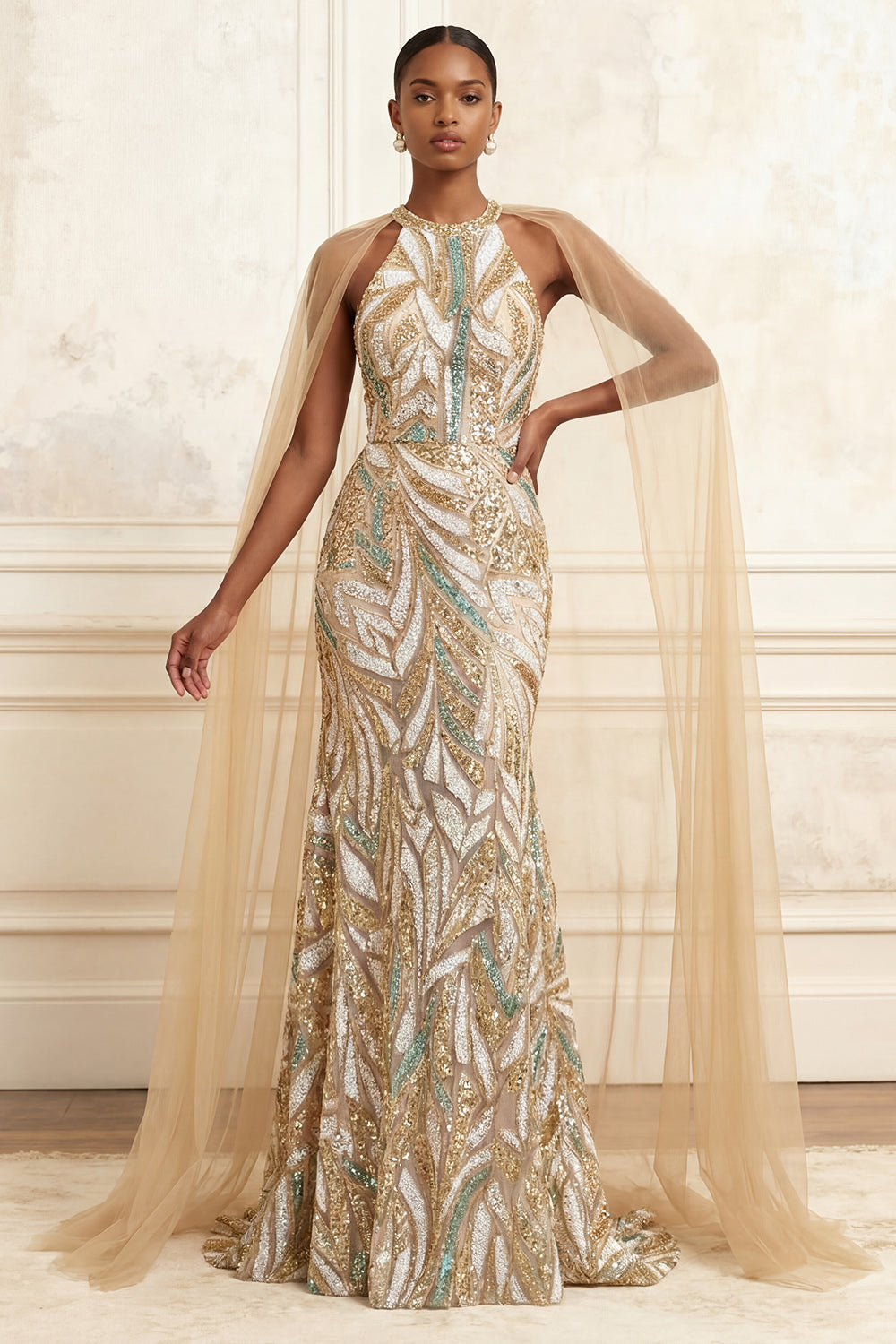 Sparkly Champagne Halter Mermaid Sequins Long Evening Dress