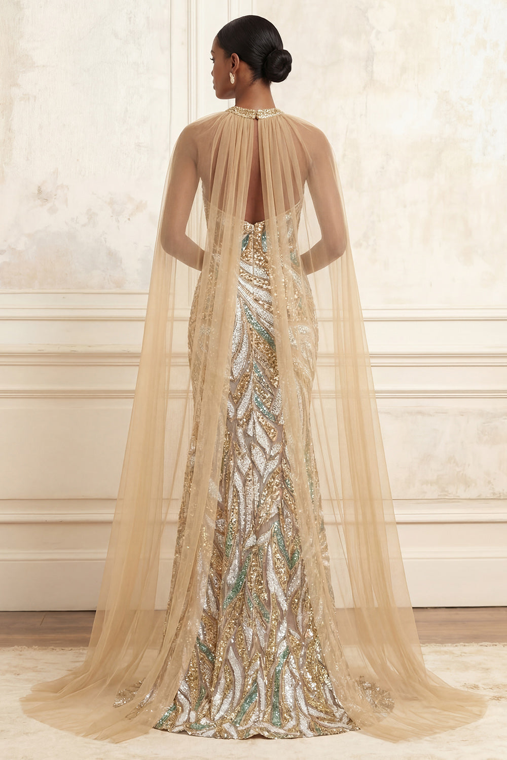 Sparkly Champagne Halter Mermaid Sequins Long Evening Dress