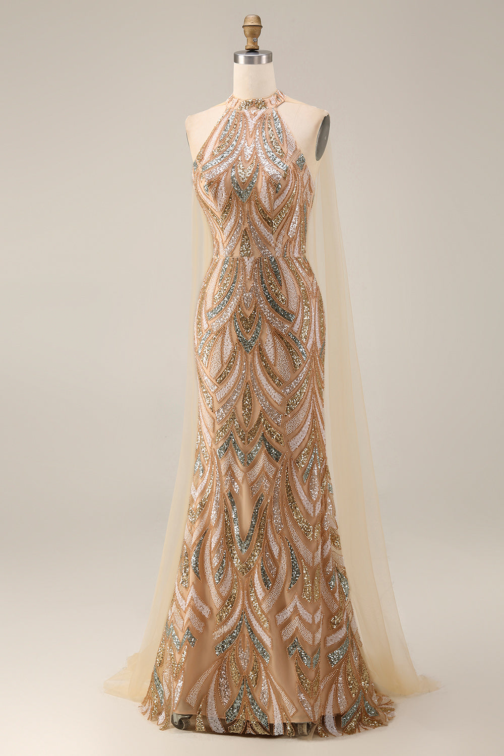 Sparkly Champagne Halter Mermaid Sequins Long Evening Dress