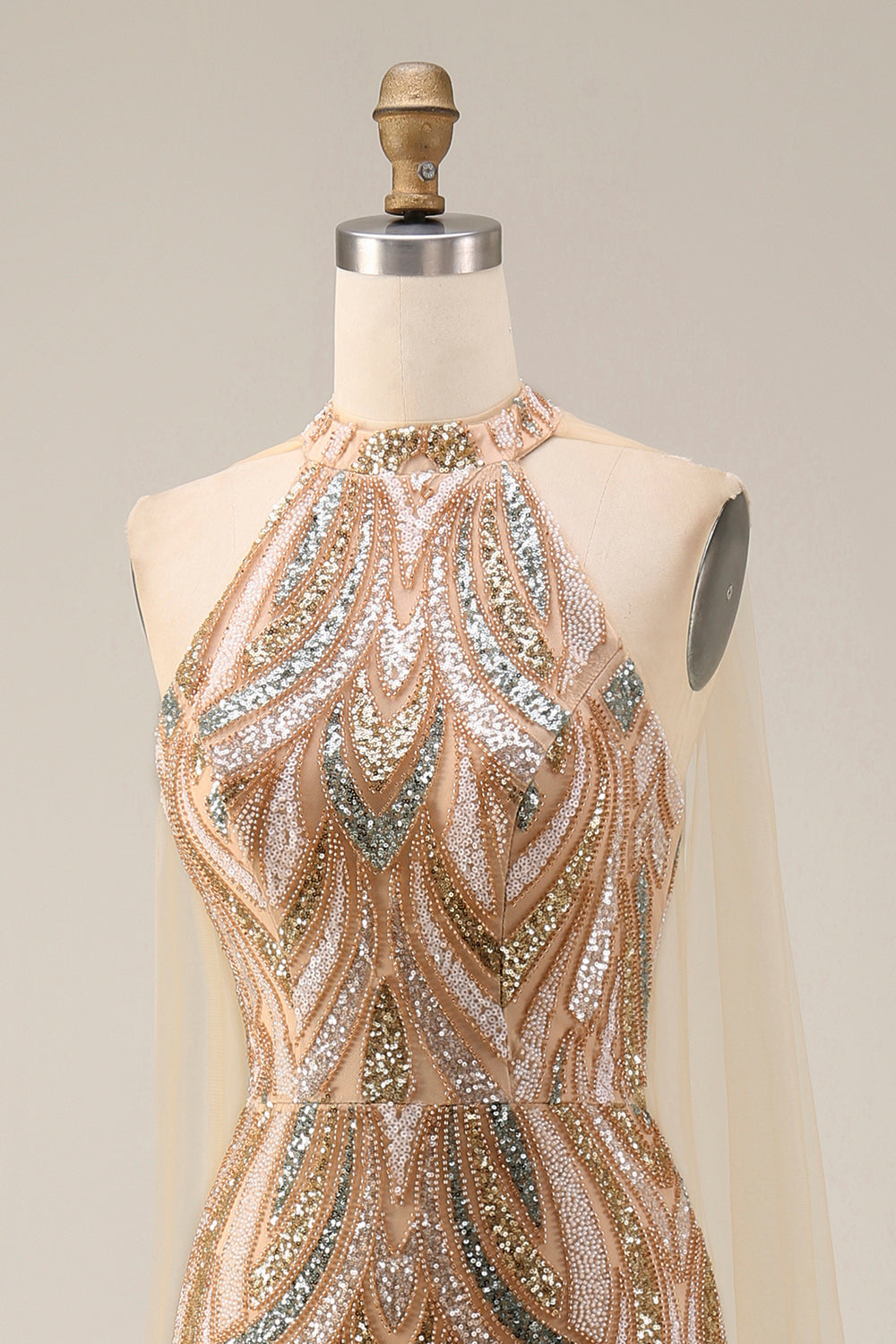 Sparkly Champagne Halter Mermaid Sequins Long Evening Dress