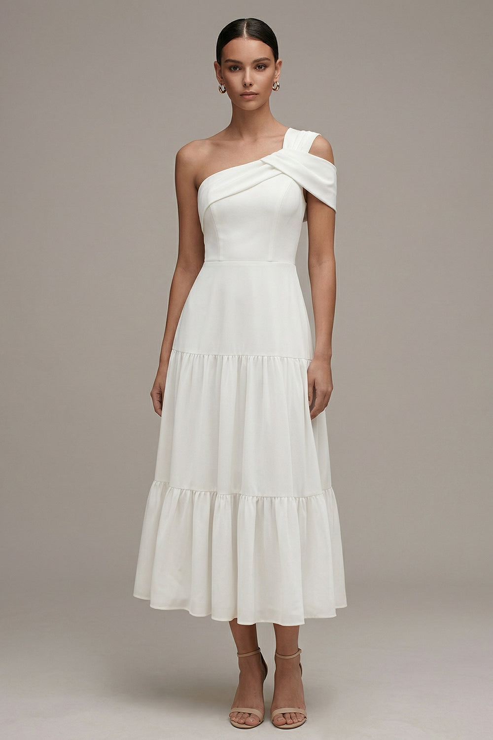 White One-Shoulder A-Line Ruffled Midi Engagement Dress