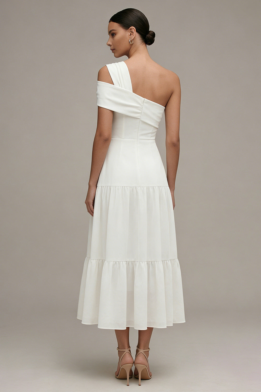 White One-Shoulder A-Line Ruffled Midi Engagement Dress