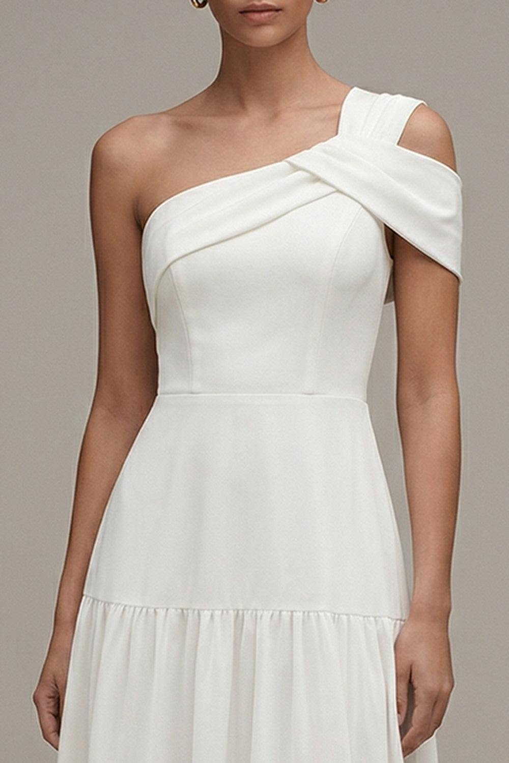 White One-Shoulder A-Line Ruffled Midi Engagement Dress