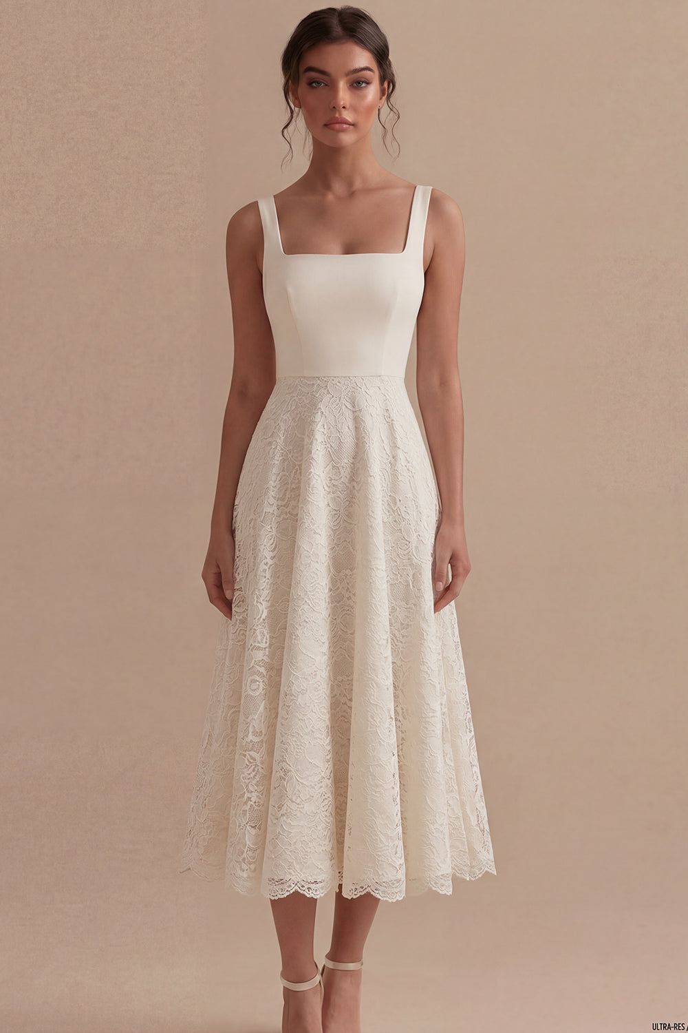 Ivory Lace Square Neck A Line Midi Engagement Dress