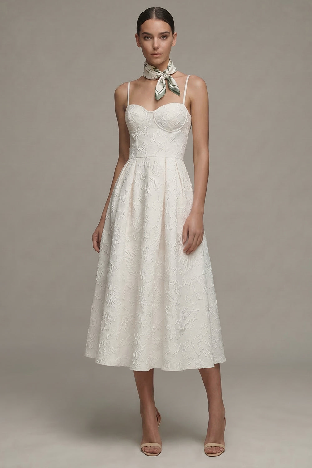 Ivory Spaghetti Straps A-Line Jacquard Midi Engagement Dress