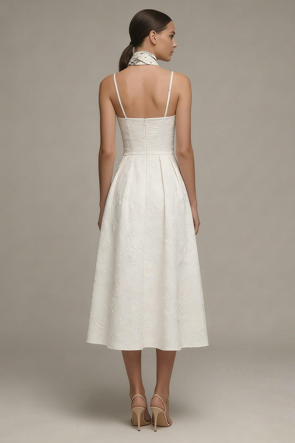 Ivory Spaghetti Straps A-Line Jacquard Midi Engagement Dress