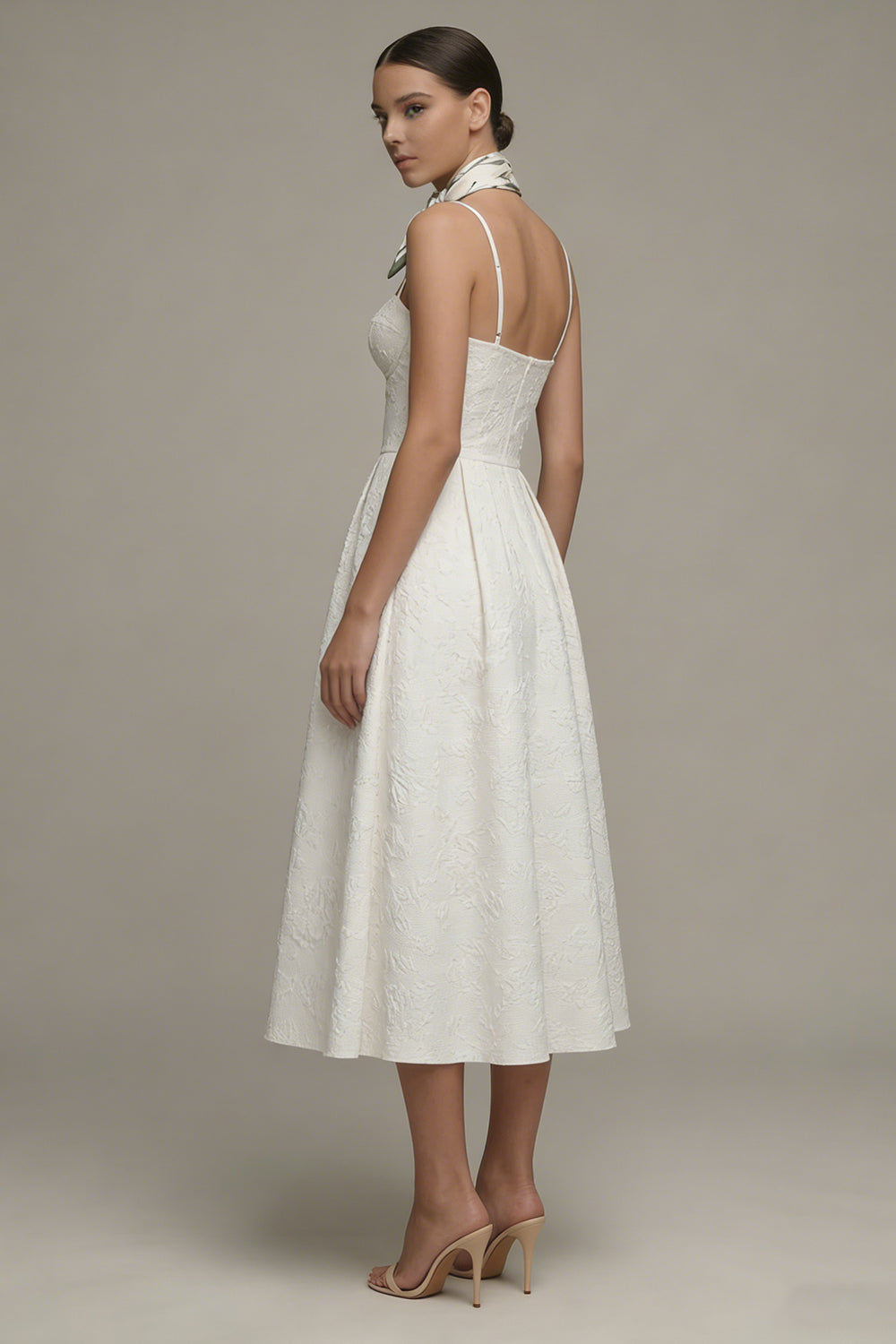 Ivory Spaghetti Straps A-Line Jacquard Midi Engagement Dress