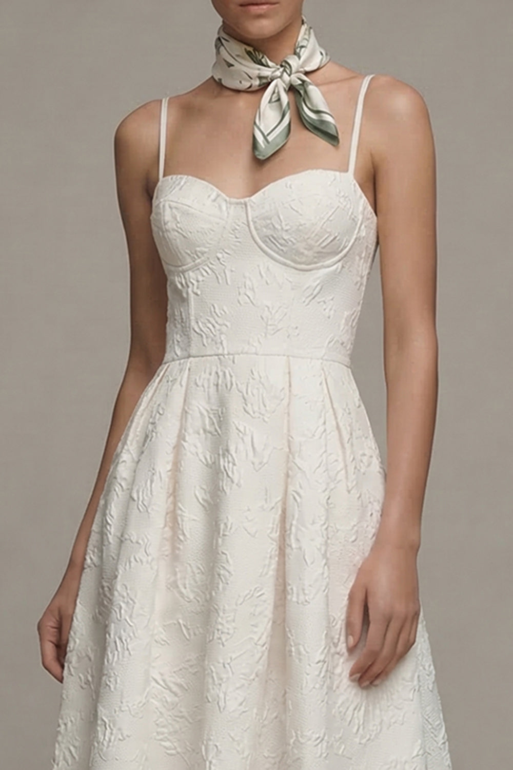 Ivory Spaghetti Straps A-Line Jacquard Midi Engagement Dress